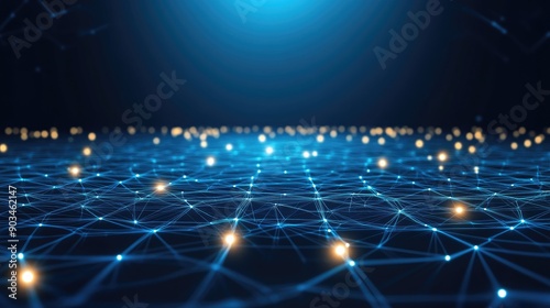 Futuristic digital network with glowing nodes, representing data connections and technology advancements in a dark blue background.