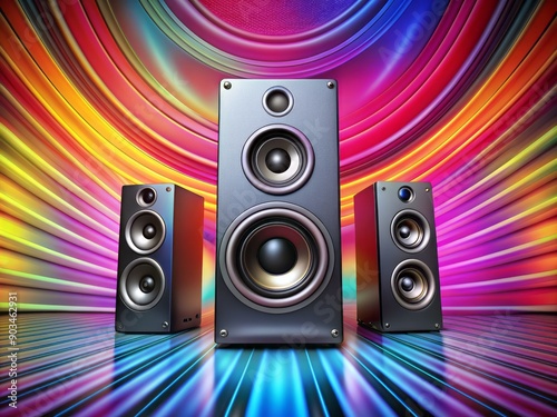 Vibrant speaker system set against a bright, swirly background, featuring a pair of sleek loudspeakers and a compact subwoofer, perfect for music lovers and audio enthusiasts. photo