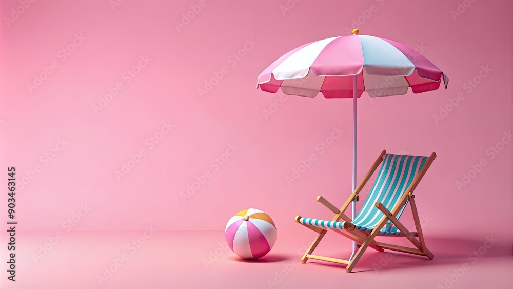 Beach chair with umbrella and beach ball on pink background, beach chair, umbrella, beach ball, pink background, vacation Beach chair with umbrella and beach ball on pink background, beach chair, umbrella, beach ball, pink background, vacation