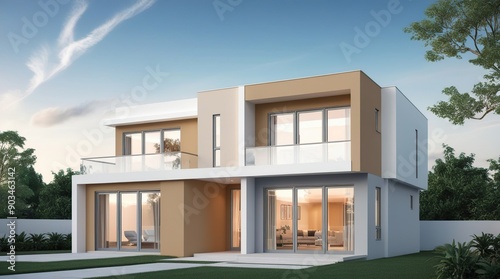 The exterior of a two-story residential house with a contemporary concept that combines harmonious colors