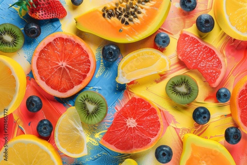 Vibrant Fruit Collage on Abstract Background