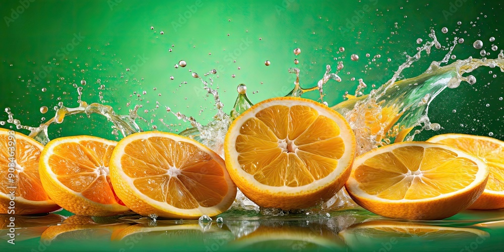 Water splashing on slices of orange on green background, water, splashing, orange, slices, green, background, fresh, juicy