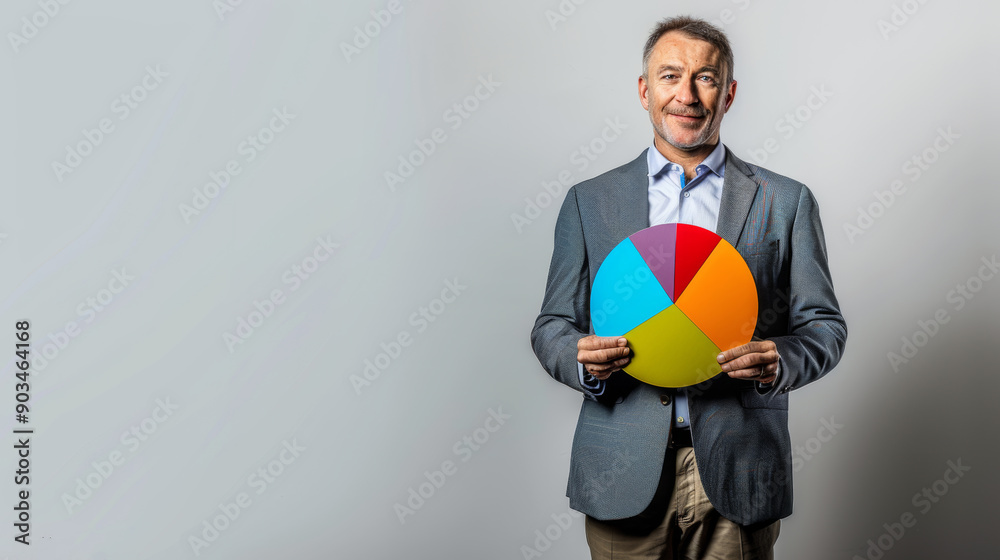 A man in a business suit holds a colorful pie chart, standing against a plain gray background, symbolizing data analysis or business strategy. A man in a business suit holds a colorful pie chart, standing against a plain gray background, symbolizing data analysis or business strategy.