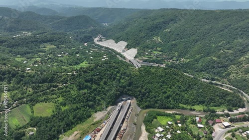 Aerial view of new road through Rikoti pass. Drone shot above highway in mountains of Georgia 2024 summer photo