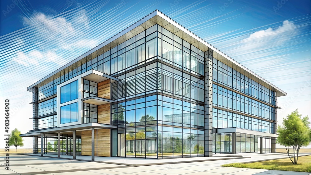 Obraz premium Architectural sketch of a modern office building, architecture, blueprint, design, construction, urban, city