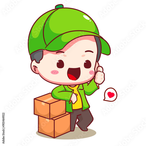 Cute Deliveryman Cartoon Vector. Man Courier Delivery Package Showing Thumb Up. People Profession concept design. Isolated white background. 
