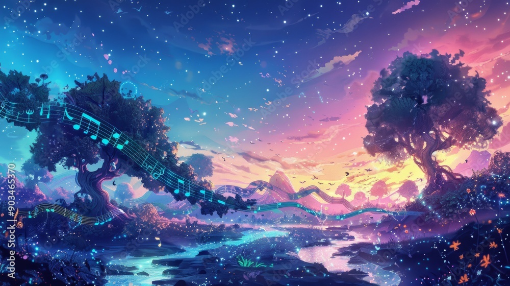 A magical landscape with musical notes floating through the air, vibrant trees, and a serene river under a starlit, colorful sky. A magical landscape with musical notes floating through the air, vibrant trees, and a serene river under a starlit, colorful sky.