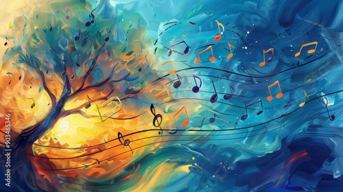 A vibrant, abstract painting of a tree, with musical notes flowing into blue and orange swirling backgrounds, symbolizing the harmony of nature and music.