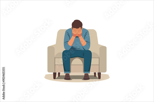 Anxious Man Sitting on Sofa Cover Face with Hands, Crying, Feel Frustrated. Depressed Businessman Suffer of Depression, Crisis, Anxiety Problem, Sad Male Character. Cartoon People Vector Illustration