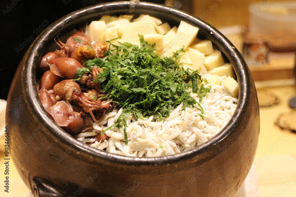 Japanese cuisine : Firefly squid and shirasu (whitebait) takikomi gohan (rice cooked with ingredients) in Kyoto, Japan Japanese cuisine : Firefly squid and shirasu (whitebait) takikomi gohan (rice cooked with ingredients) in Kyoto, Japan