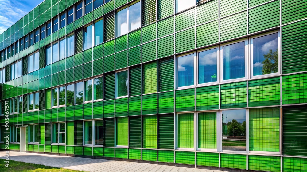 Green tiled building with a modern facade and large windows, green, tiled, building, facade, windows, architecture, modern Green tiled building with a modern facade and large windows, green, tiled, building, facade, windows, architecture, modern