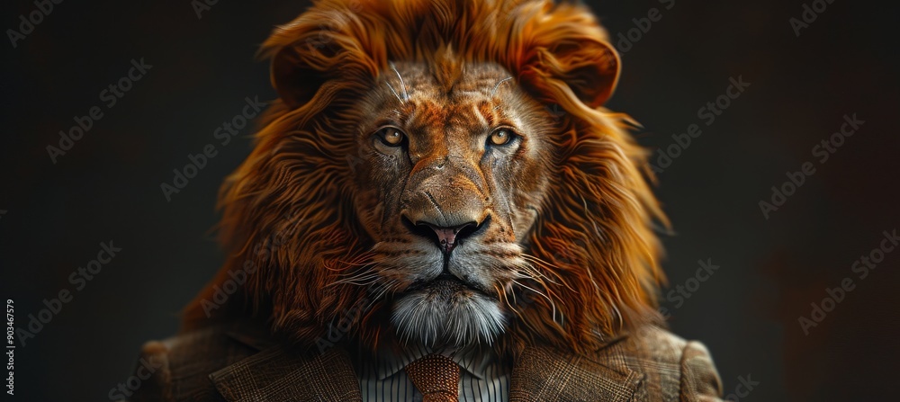 Lion Dressed in Elegant Suit with Dark Background Lion Dressed in Elegant Suit with Dark Background