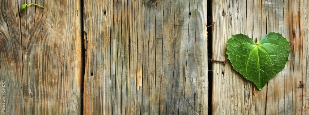 Heart-Shaped Leaf on Weathered Wooden Plank Heart-Shaped Leaf on Weathered Wooden Plank