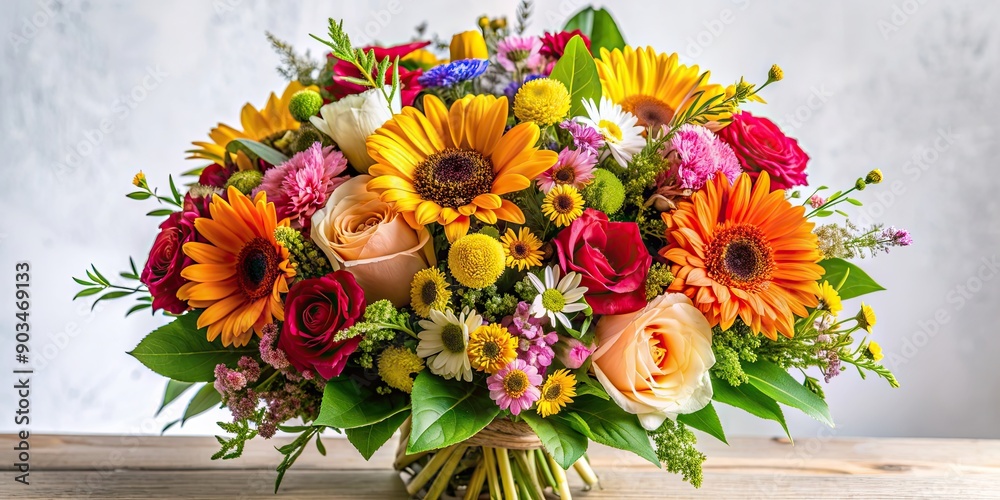 Obraz premium Flower bouquet with seasonal flowers and colors, isolated on a background, flower arrangement, vibrant, cheerful, botanical