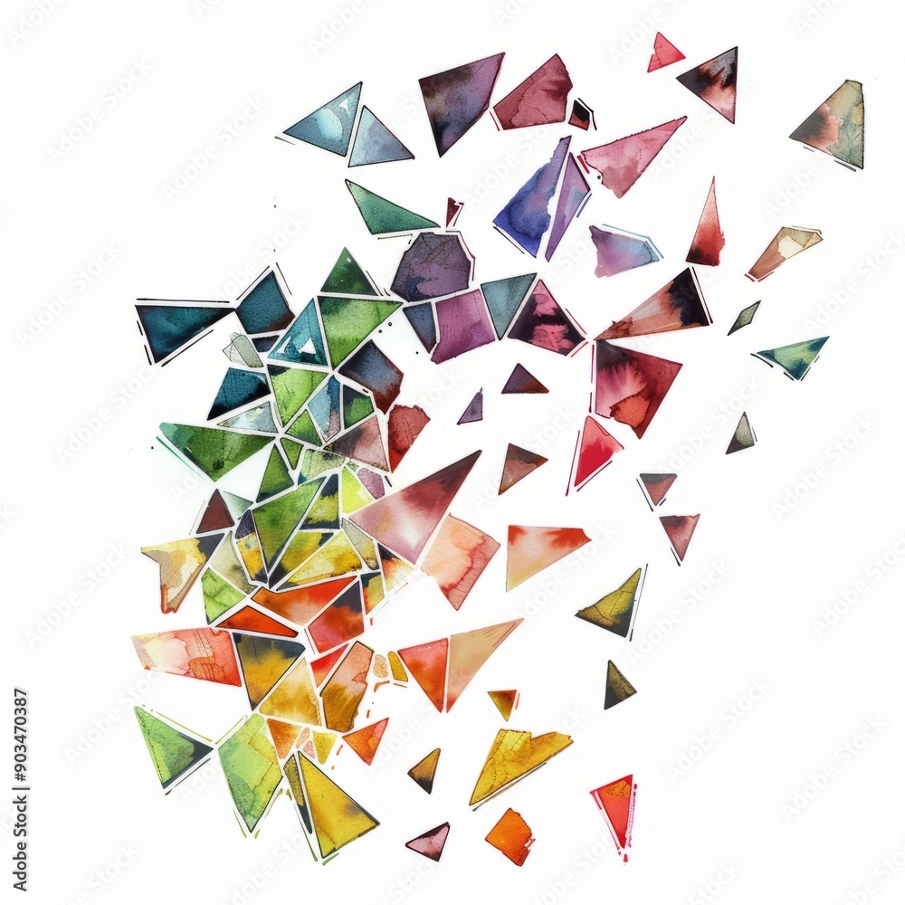 Watercolor painting of shattered glass with geometric patterns, on isolated white background, Generative AI Watercolor painting of shattered glass with geometric patterns, on isolated white background, Generative AI