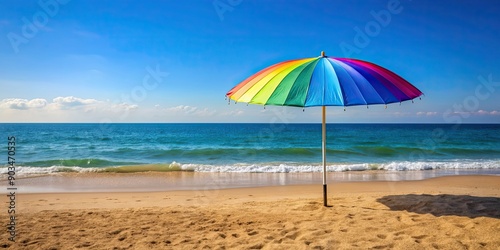 Colorful beach umbrella standing by the seashore, beach, umbrella, colorful, summer, vacation, relaxation, seaside, coast