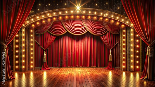 Glamorous empty stage with red curtains and bright lights, ready for a performance in a theater or cabaret setting