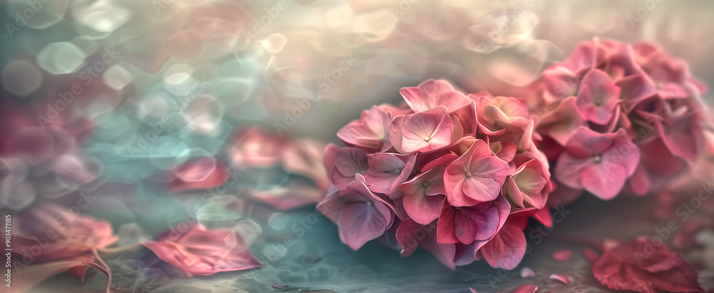 Fototapeta premium A close-up of a few hydrangea flowers in full bloom, with a few