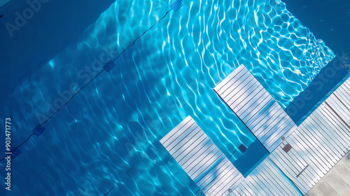 Top view, two white Olympic diving boards, and a blue swimming pool as the background, clean and simple