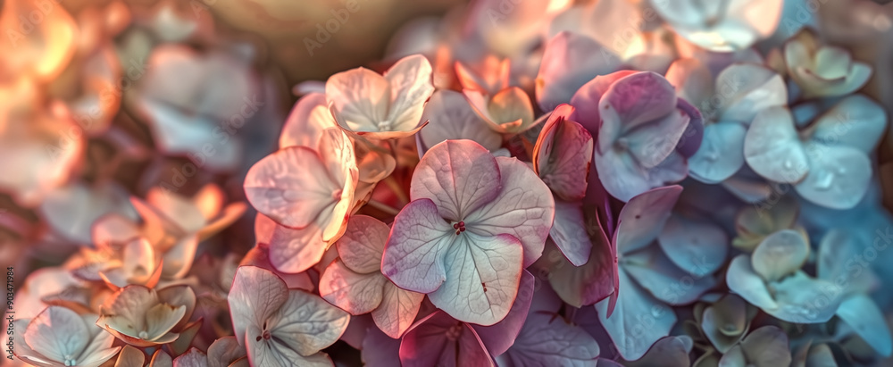 A close-up of a few hydrangea flowers in full bloom, with a few A close-up of a few hydrangea flowers in full bloom, with a few