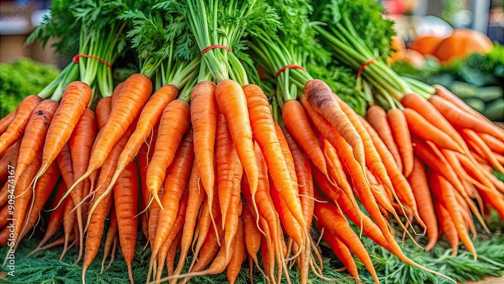 Fresh bunch of carrots with green tops on display at farmers market, carrots, vegetables, fresh, agriculture, organic, market