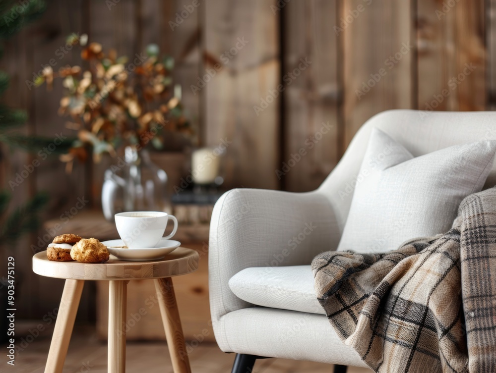 A comfortable cafe setting with a cozy armchair, a coffee cup, and pastries, ideal for relaxation. A comfortable cafe setting with a cozy armchair, a coffee cup, and pastries, ideal for relaxation.