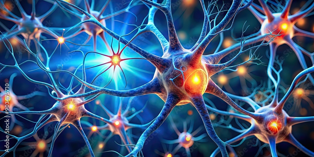 Close up image of active nerve cells in the human brain , neurons, stimulation, activity, brain, close up, medical, science Close up image of active nerve cells in the human brain , neurons, stimulation, activity, brain, close up, medical, science