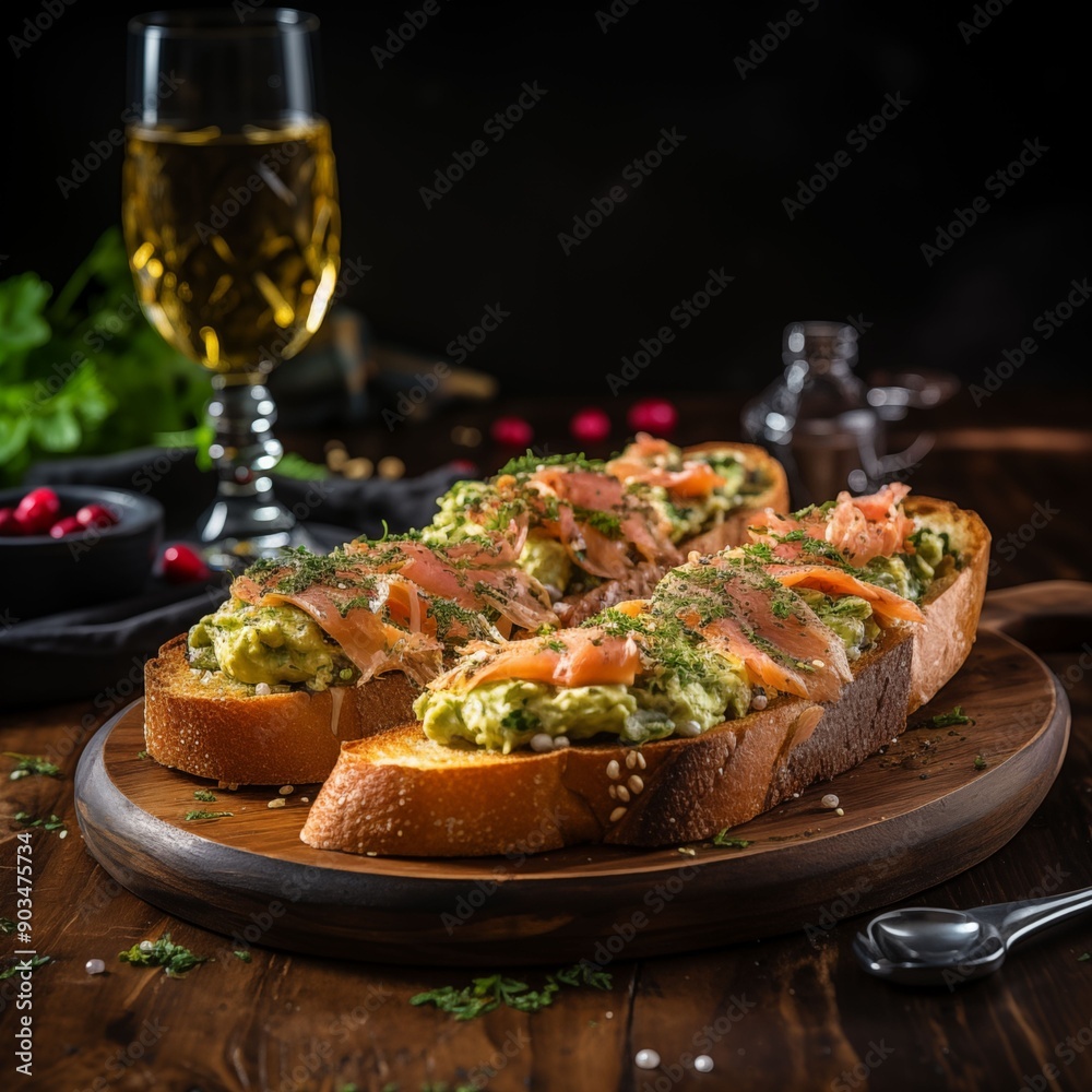 Plate with toast with cream cheese and salmon. Photo for restaurant menu, advertising, delivery, banner Plate with toast with cream cheese and salmon. Photo for restaurant menu, advertising, delivery, banner