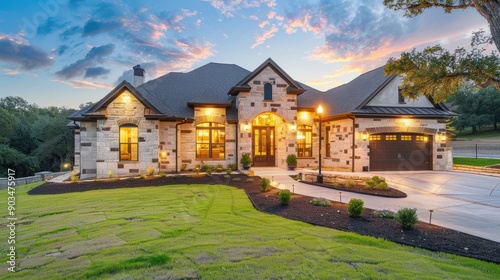 Luxurious Stone House with Sunset Sky