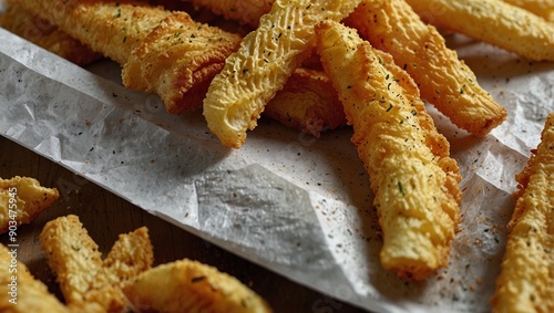 Crinkle-Cut Fries:Description: Fries with a wavy texture, offering a unique crunch and surface area for holding onto seasoning and sauces.Visual: Wavy, golden fries with a textured surface, neatly sta photo