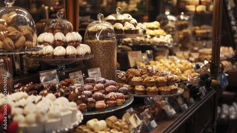 Include historical elements, such as a medieval market stall selling sweets, or a Victorian-era tea party featuring classic European desserts, to showcase the rich history behind these confections. 
