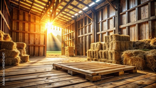 Wallpaper Mural Wooden pallet platform in rustic barn with hay bales and sunlight filtering through slats, wood, pallet, platform, rustic, barn, hay Torontodigital.ca