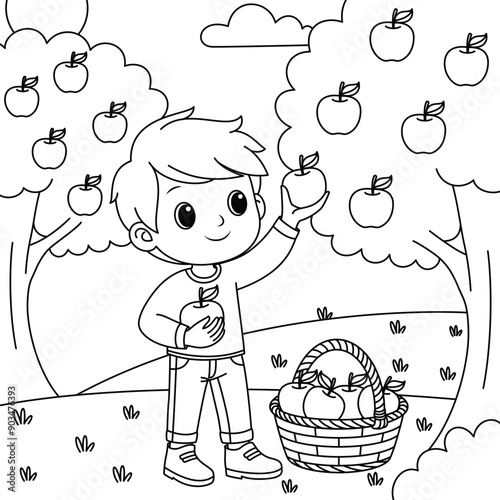 Child picking apples from a tree outline coloring page. Thanksgiving hand drawn colouring