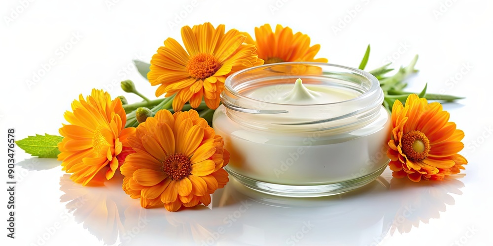 Calendula cream in a glass jar with fresh marigold flowers on white background, calendula, cream, jar, herbal, natural Calendula cream in a glass jar with fresh marigold flowers on white background, calendula, cream, jar, herbal, natural