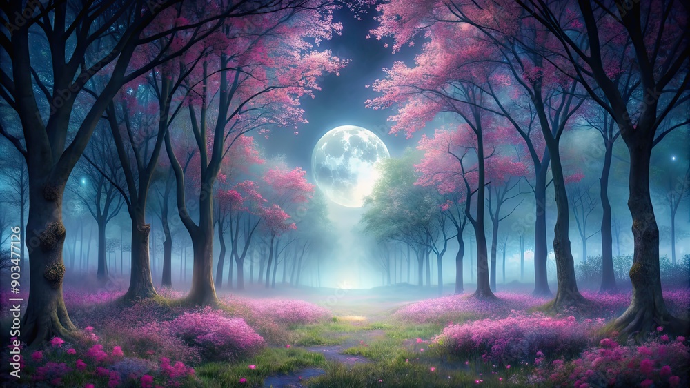 Fototapeta premium Enchanted moonlit forest with pink flowers, mist, and silhouette trees, Enchanted, Moonlit, Forest, Pink, Flowers, Mist