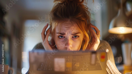 Financial Stress - Person Reviewing Credit Card Statement with Worried Expression photo