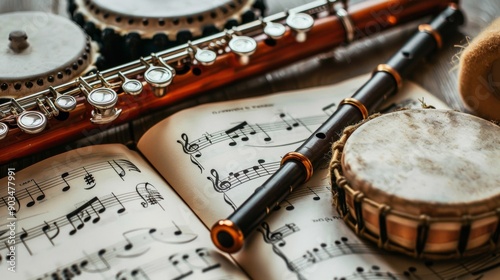 Flutes and drums lie on sheet music, creating a visually captivating arrangement that celebrates the beauty and intricacy of musical instruments and composition. photo