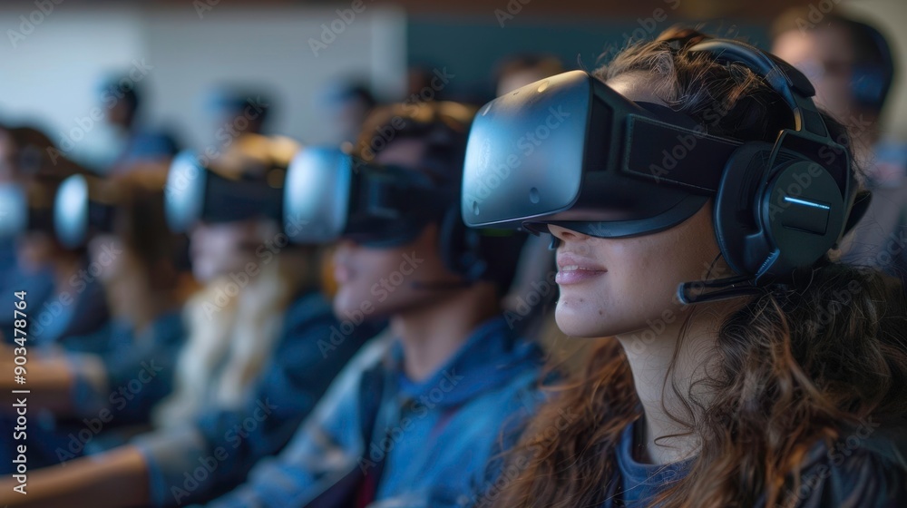 A group of people wearing virtual reality headsets, immersed in a digital experience. A group of people wearing virtual reality headsets, immersed in a digital experience.