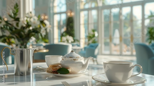 Wallpaper Mural A serene tea room featuring delicate china and gourmet sandwiches, bathed in soft natural light. Torontodigital.ca