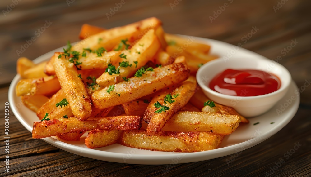Delicious golden fries served on a plate with a side of ketchup, garnished with herbs for a perfect snack experience. Delicious golden fries served on a plate with a side of ketchup, garnished with herbs for a perfect snack experience.