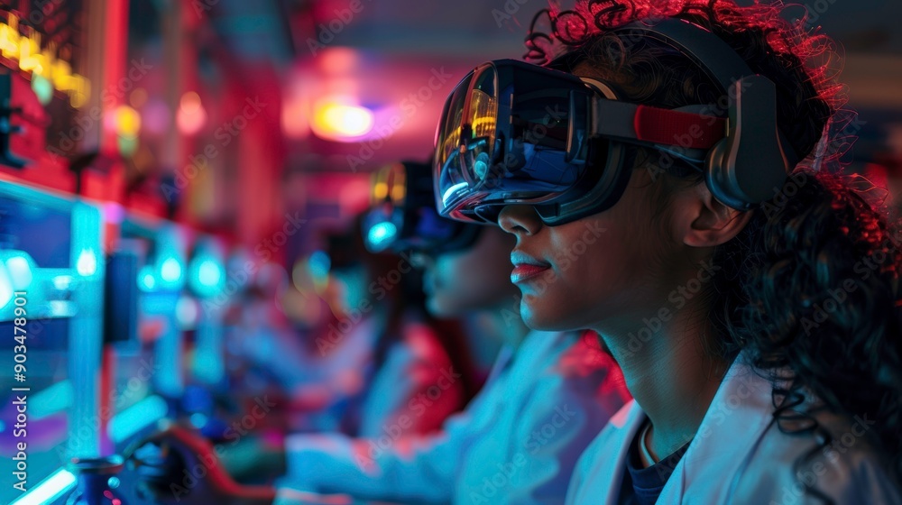 A group of people wearing VR headsets are immersed in a virtual experience. The focus is on a woman in the foreground, her face lit by the VR display. A group of people wearing VR headsets are immersed in a virtual experience. The focus is on a woman in the foreground, her face lit by the VR display.