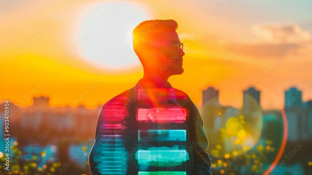 A man stands against a vibrant sunset, with a city skyline in the background and colorful light patterns overlaying the scene. A man stands against a vibrant sunset, with a city skyline in the background and colorful light patterns overlaying the scene.