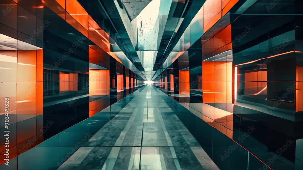 A unique hallway featuring vibrant orange and black walls in an abstract composition, Produce a visually striking composition featuring geometric shapes arranged in a futuristic pattern