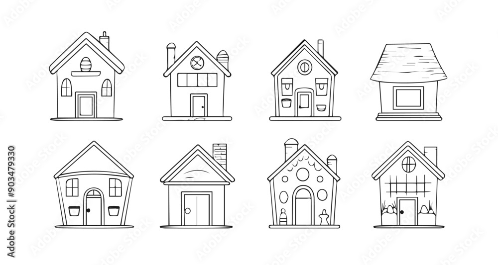 Set of eight hand drawn doodle style houses. Cute vector illustration perfect for cards, patterns and home decor. Set of eight hand drawn doodle style houses. Cute vector illustration perfect for cards, patterns and home decor.