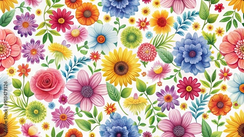 Seamless repeating pattern of colorful flowers on a white background, floral, vibrant, delicate, nature, summery, blooming