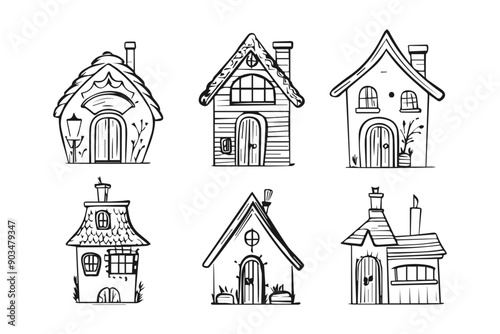 Set of six hand drawn cartoon houses with different styles and details. Perfect for children's illustrations, greeting cards, and decorative designs.