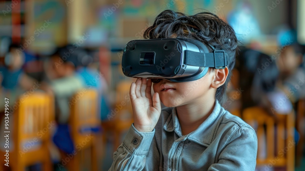 A young boy wearing a virtual reality headset in a library, exploring new worlds and learning opportunities. A young boy wearing a virtual reality headset in a library, exploring new worlds and learning opportunities.