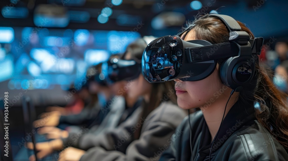 A woman wearing VR headset participates in an immersive virtual reality experience. A woman wearing VR headset participates in an immersive virtual reality experience.