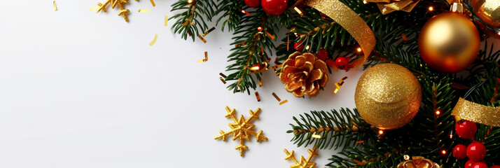 Festive Christmas banner web poster, header for website, colorful decorative decorations. Horizontal format New Year border poster. Xmas holiday background