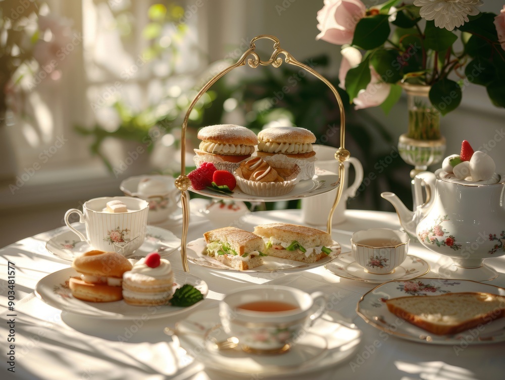 Fototapeta premium A relaxing afternoon tea scene featuring assorted sandwiches and elegant teacups, with sunlight streaming onto the table.